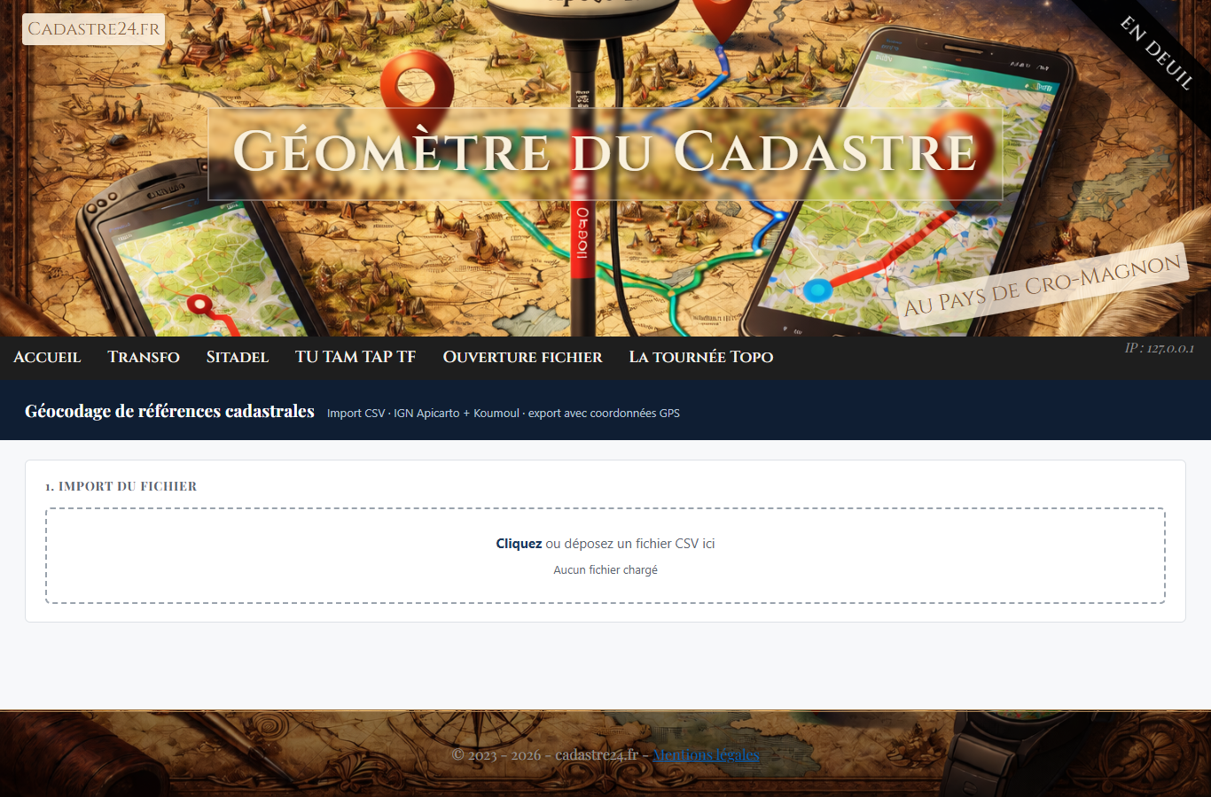 Page à l'ouverture : bandeau du site, titre de l'outil et zone d'import