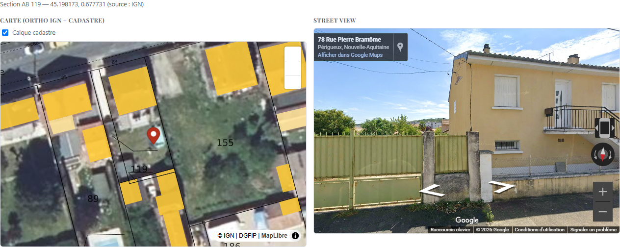 Carte et Street View de la parcelle AB 119 à Périgueux