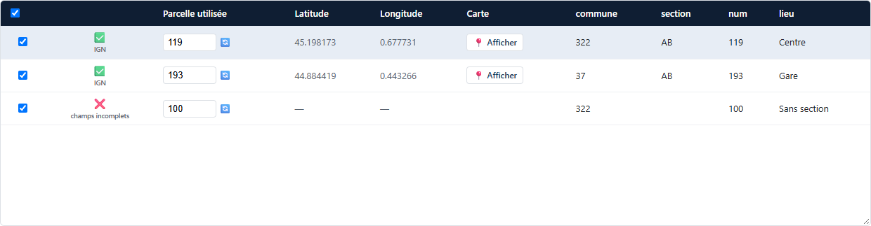Ligne « champs incomplets » : section manquante