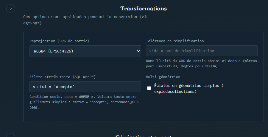 Transformations : WGS84 + filtre