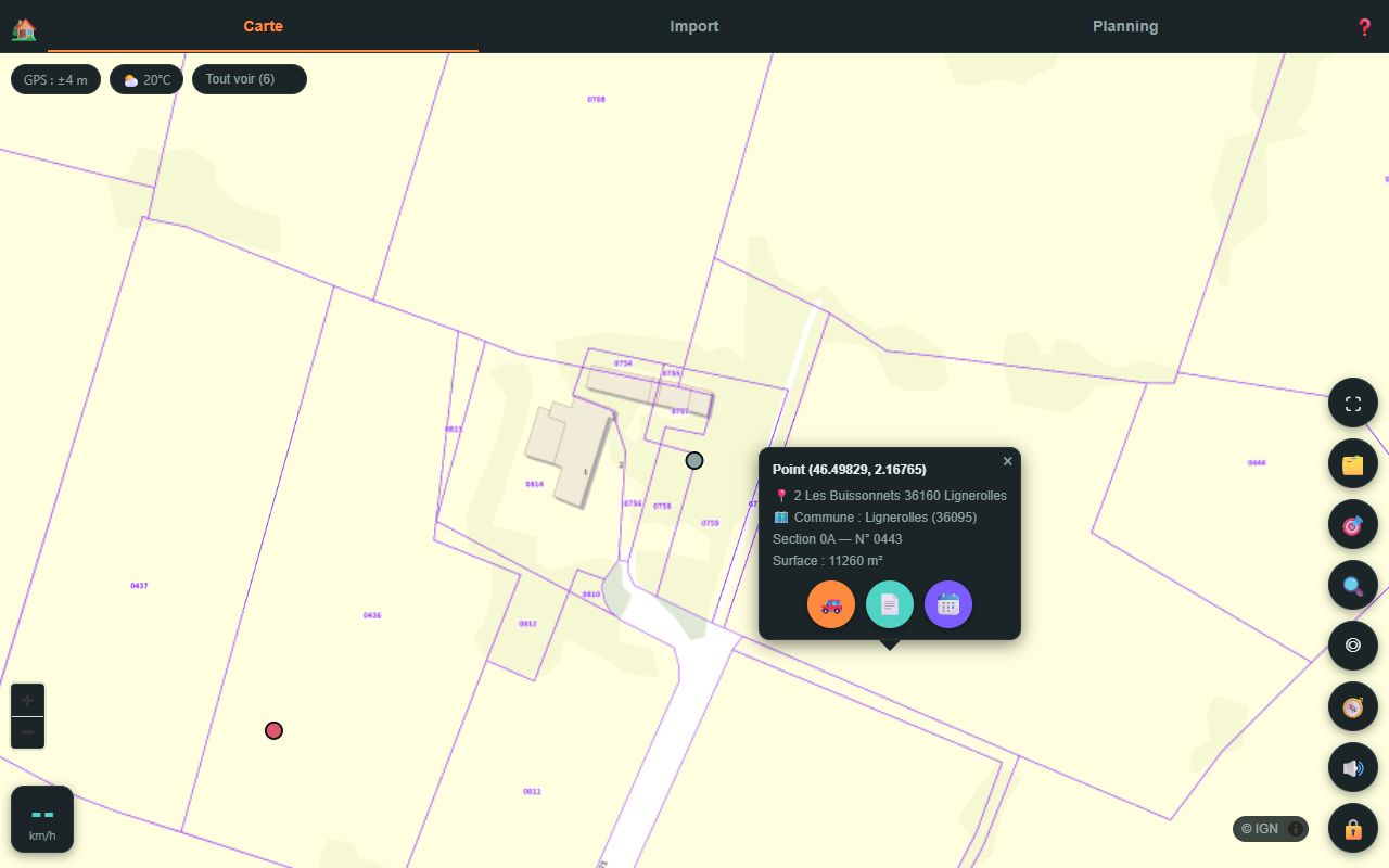 Bulle d'un tap sur la carte : adresse, parcelle et 3 boutons