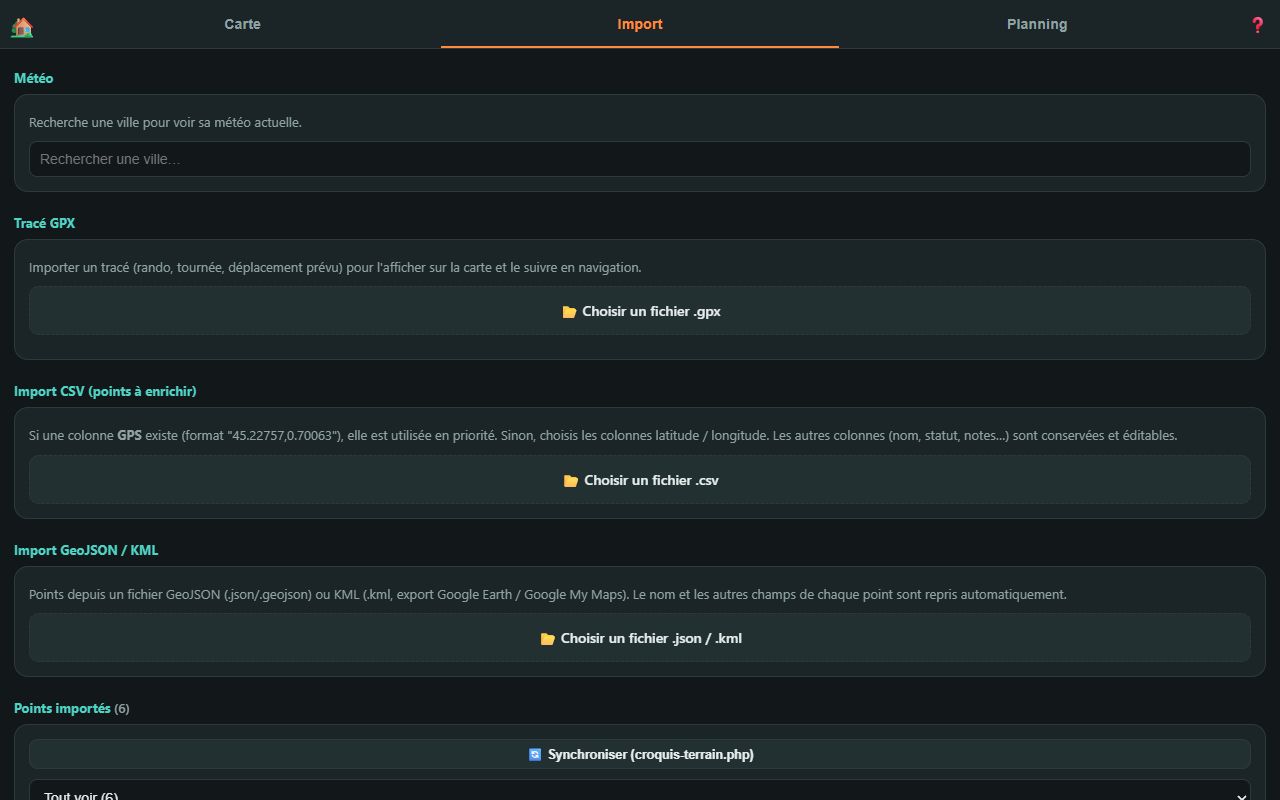 Haut de l'onglet Import : météo, GPX, CSV, GeoJSON/KML