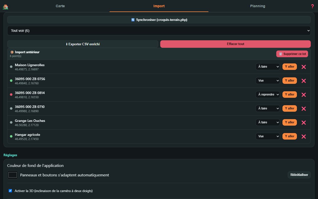 Liste des points : synchronisation, filtre, export, lots